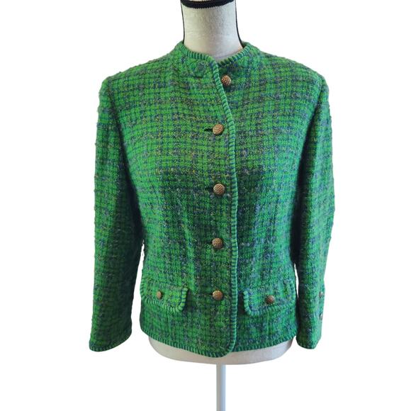 Vintage Women's Green Tweed Plaid Blazer Jacket Brass Buttons Collarless - Picture 1 of 9